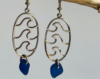Layers of the Sea: Tri Wave Dangle Earrings with Genuine Blue Sea Glass in Solid Sterling Silver, Sterling Silver Wave Leverback Earrings