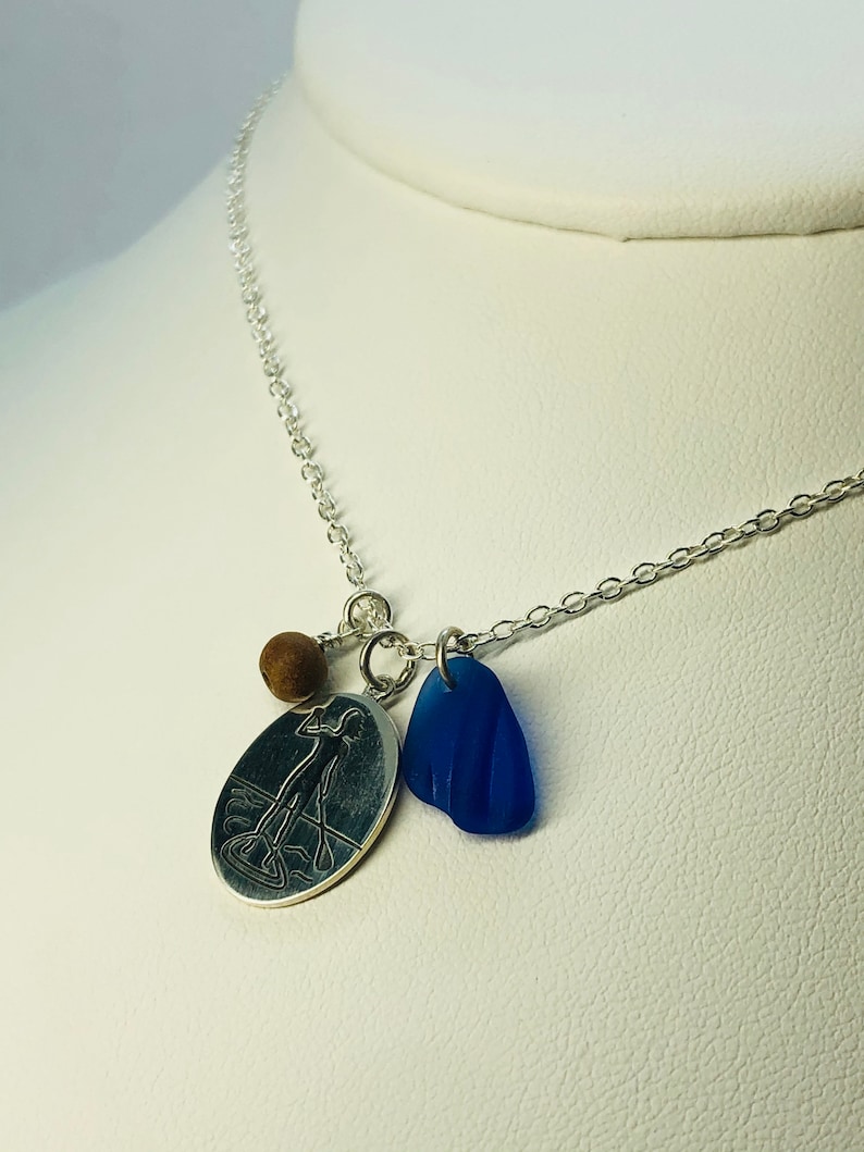Paddle Board Charm Necklace Sea Glass Cluster Necklace Blue Sea Glass Lake Superior Sea Glass Blue Sea Glass Jewelry