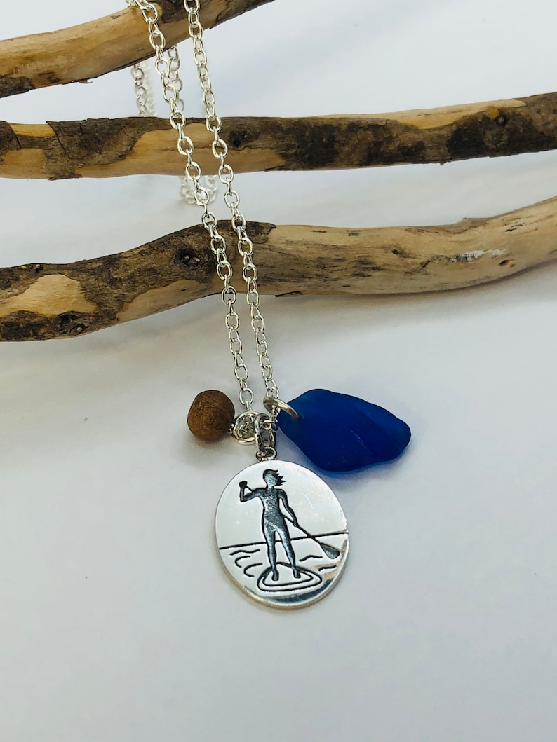 Paddle Board Charm Necklace Sea Glass Cluster Necklace Blue Sea Glass Lake Superior Sea Glass Blue Sea Glass Jewelry