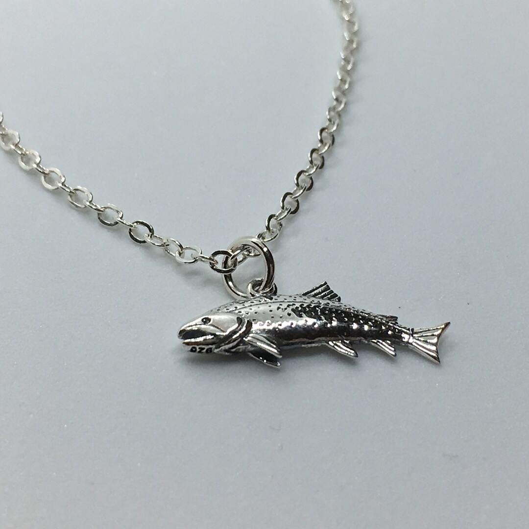 Sterling Silver Detailed Trout Necklace, Lake Trout Jewelry, Rainbow Trout Art, Custom Chain