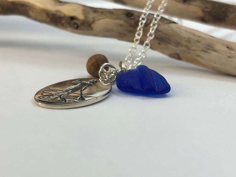 Paddle Board Charm Necklace Sea Glass Cluster Necklace Blue Sea Glass Lake Superior Sea Glass Blue Sea Glass Jewelry