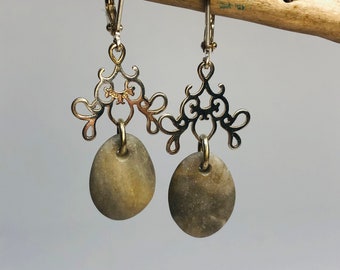 Gray Pebble Earrings with Solid Sterling Silver Filigree Chandelier, Sterling Silver and Stone Leverback Earrings