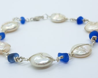 Genuine Sea Glass Bracelet, Sterling Silver & Blues Lake Glass, Beach Glass Bracelet