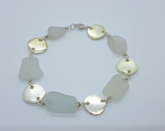 Lake Superior Sea Glass Bracelet, Sterling Silver, Pewter & Lake Glass, Beach Glass Bracelet