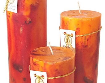 Extremely long burning scented pillar candles. Hand-poured quality, elegant, vibrantly colored.