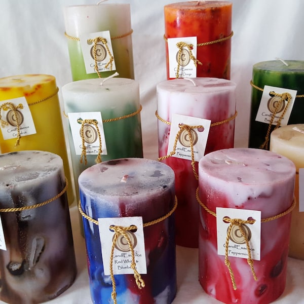 Extremely long burning scented pillar candles. Hand-poured, quality, elegant, vibrantly colored.