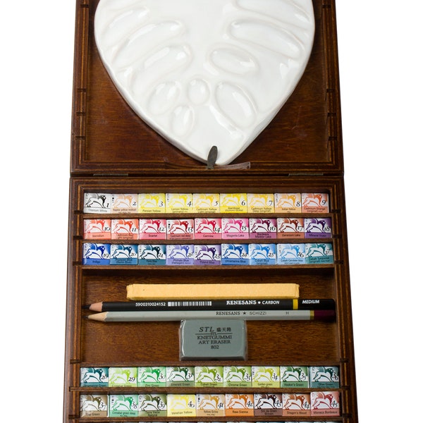 Full set of 54 Renesans watercolors with handmade wooden box and ceramic leaf palette