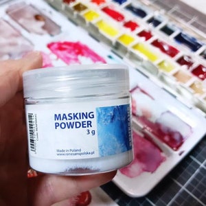 May include: A white plastic jar of masking powder with a blue and white label. The label reads "Masking Powder 3g" and "Made in Poland www.renesanspolska.pl".