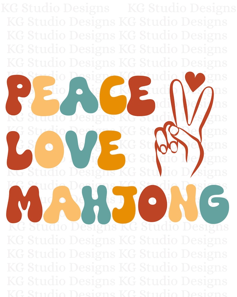 Puede incluir: Gr&aacute;fico de Paz, Amor, Mahjong con un signo de paz y un coraz&oacute;n. Las palabras est&aacute;n en una fuente retro y colorida.