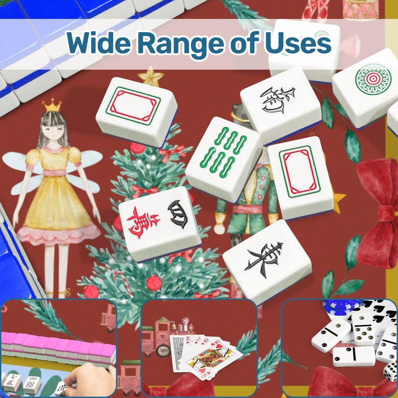 May include: A festive image showcasing a variety of games, including Mahjong tiles with Chinese characters and dominoes. The background features a Christmas tree design and a fairy illustration, with the text "Wide Range of Uses" at the top.