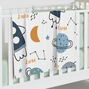 Rocket Ship Baby Blanket, Personalized Space Themed Blanket, Nursery Bedding, Baby Shower Gift, New Baby Gift