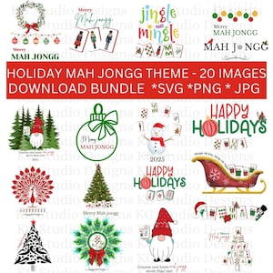 May include: A digital download bundle with a holiday theme. The image features various Christmas and Mahjong-themed graphics, including a wreath, ornaments, a Christmas tree, a snowman, and the text "Holiday Mah Jongg Theme".