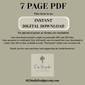 May include: A digital download graphic with the text "7 PAGE PDF" and "INSTANT DIGITAL DOWNLOAD." The image includes details about the digital file, including a high-resolution PDF and JPG files. The seller's logo and Etsy shop URL are also displayed.