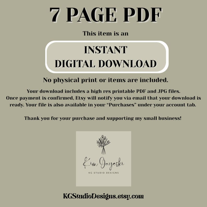 May include: A digital download graphic with the text "7 PAGE PDF" and "INSTANT DIGITAL DOWNLOAD." The image includes details about the digital file, including a high-resolution PDF and JPG files. The seller's logo and Etsy shop URL are also displayed.