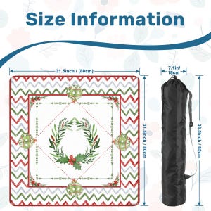 May include: A square Christmas-themed mat with a red, green, and white zigzag border, measuring 31.5 inches (80 cm) on each side. The center features a wreath and ornaments. A black carrying bag is also shown, 33.5 inches (85 cm) long.