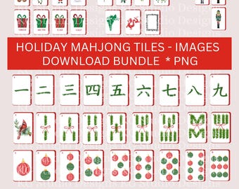 Op de afbeelding: Een verzameling Mahjong-tegels met een vakantiethema. De tegels bevatten feestelijke illustraties, waaronder een peperkoekman, de kerstman en ornamenten. De tekst "HOLIDAY MAHJONG TILES - IMAGES DOWNLOAD BUNDLE * PNG" staat op een rode banner.