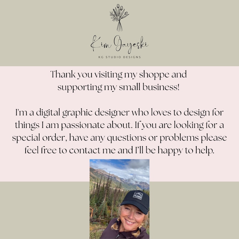 May include: A digital graphic designer's business card with the name "Kim Jayeski" and "KG Studio Designs" at the top. The card includes a message thanking customers and offering custom design services.