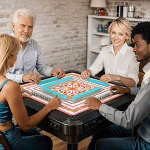 May include: A black Mahjong table with a colorful patterned playing surface. The table is surrounded by four people playing the game. The tiles are light blue and white. The table has a black frame and legs.