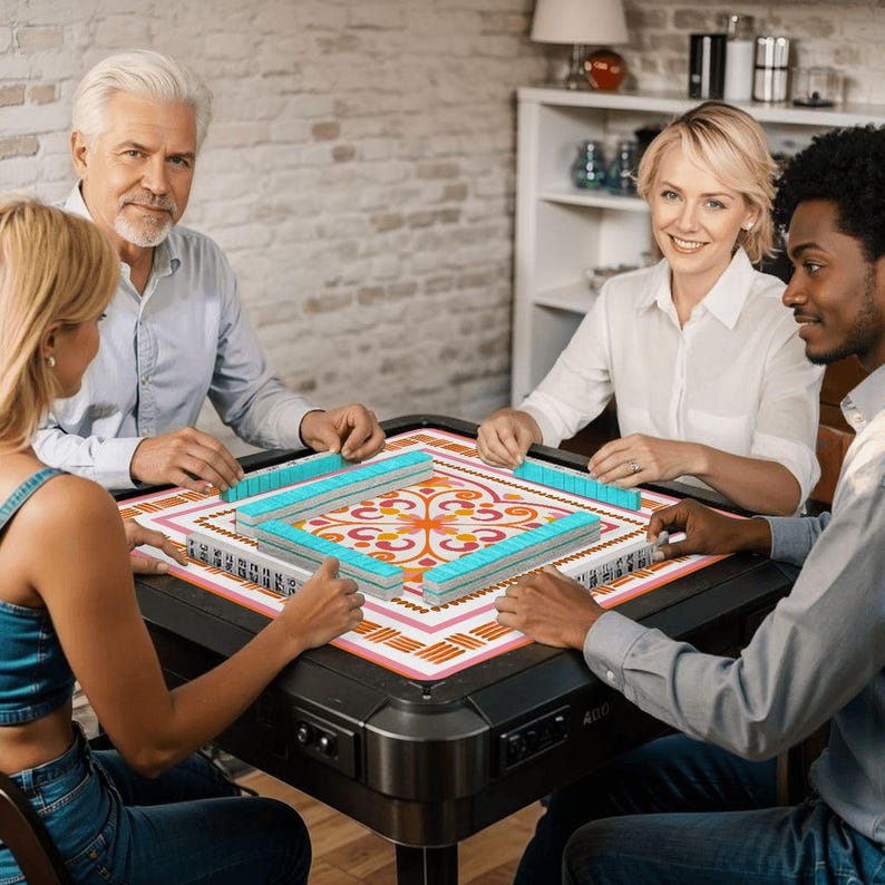 May include: A black Mahjong table with a colorful patterned playing surface. The table is surrounded by four people playing the game. The tiles are light blue and white. The table has a black frame and legs.