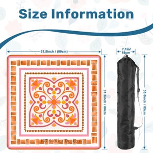 May include: A square yoga mat with a floral design in shades of pink, orange, and white, measuring 31.5 inches (80cm) on each side. Includes a black carrying bag, 33.5 inches (85cm) long, and 7.1 inches (18cm) wide. The text "Size Information" is at the top.
