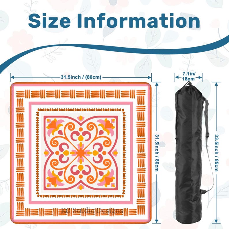 May include: A square yoga mat with a floral design in shades of pink, orange, and white, measuring 31.5 inches (80cm) on each side. Includes a black carrying bag, 33.5 inches (85cm) long, and 7.1 inches (18cm) wide. The text "Size Information" is at the top.