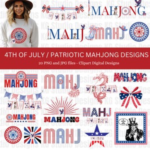 Vintage Mahjong Clipart Set – 4. Juli rot weiß blaue Fliesen – PNG JPG Sofort-Download