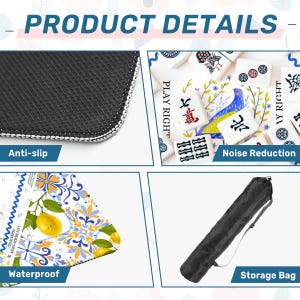 May include: Product details image with four sections. Top left shows a close-up of a black anti-slip surface with white stitching. Top right shows mahjong tiles. Bottom left shows a waterproof design with lemons. Bottom right shows a black storage bag.