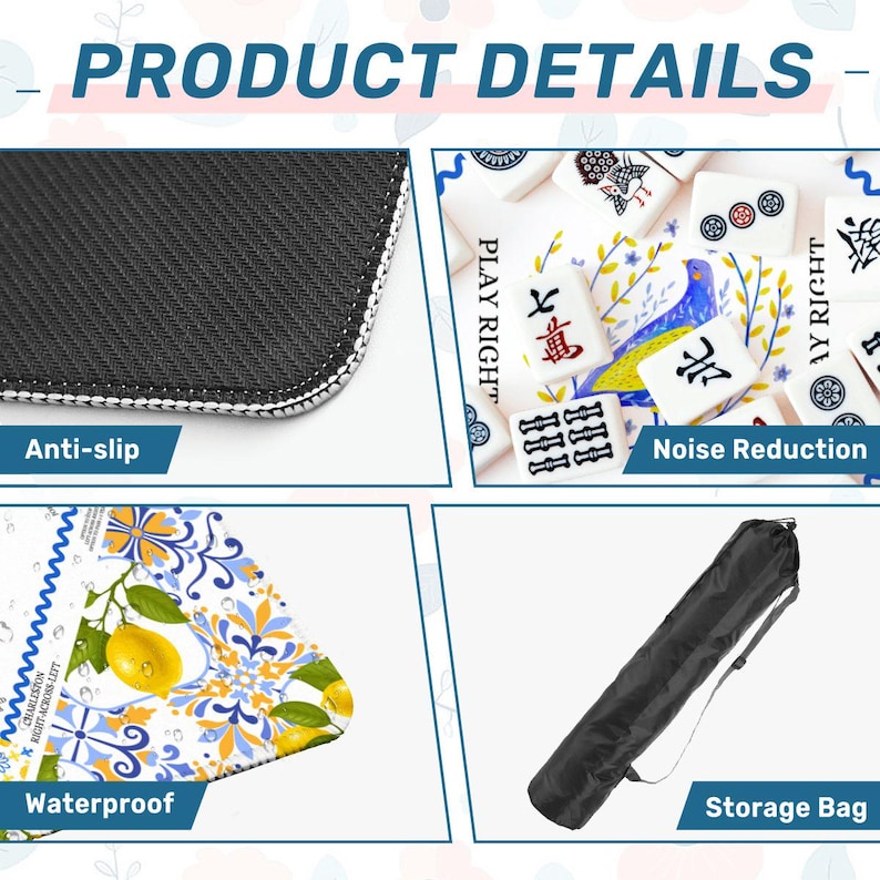 May include: Product details image with four sections. Top left shows a close-up of a black anti-slip surface with white stitching. Top right shows mahjong tiles. Bottom left shows a waterproof design with lemons. Bottom right shows a black storage bag.
