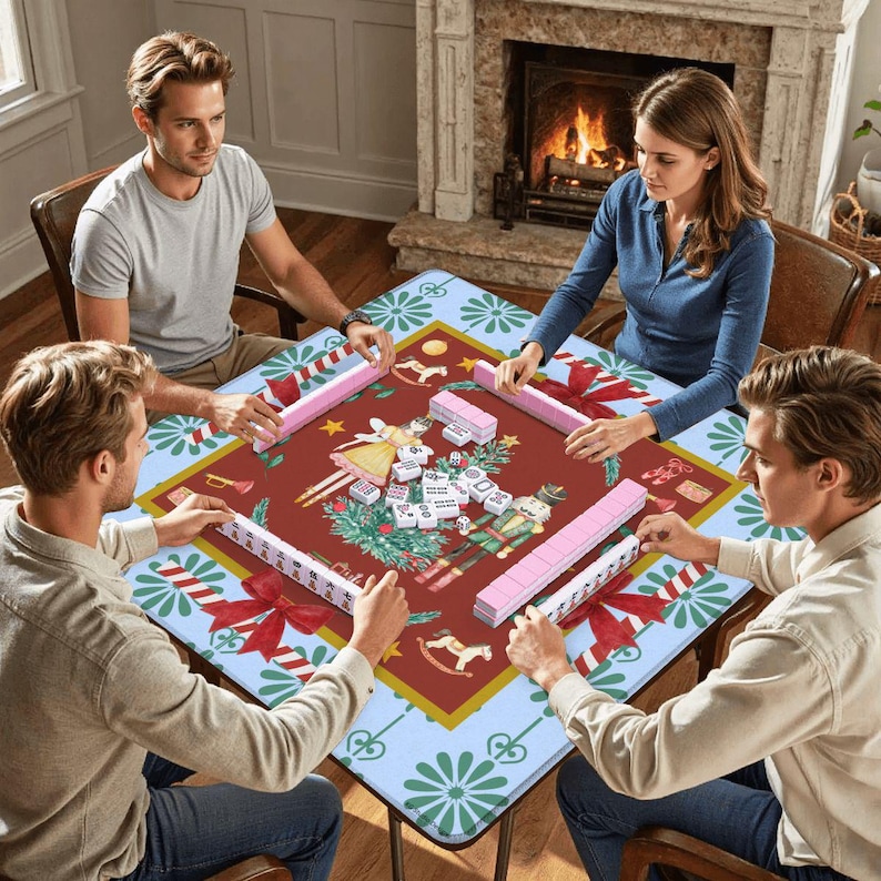 May include: A square Mahjong table with a festive Christmas-themed design. The table features a red center with holiday illustrations and a light blue border with floral and candy cane patterns. Four people are seated around the table, playing the game.