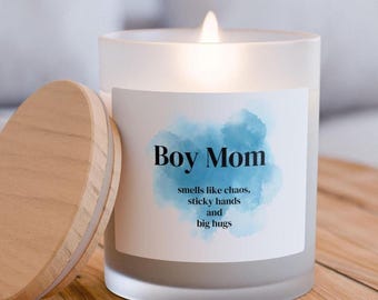 Frosted Glass Candle: Boy Mom Gift - Natural Wax, Wooden Wick