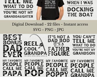 Pacchetto di immagini SVG, PNG e JPG per papà, immagini SVG, PNG e JPG per nonno, frasi per la festa del papà, disegni per magliette da papà (download digitale)