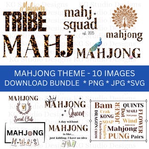 Puede incluir: Un paquete de descarga digital con temática de mahjong, que contiene 10 imágenes. El diseño incluye las palabras "Tribe" y "Mahj" en un estampado de leopardo, una ilustración de pavo real y varios textos relacionados con el mahjong.