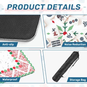 May include: Product details image. The image shows a black anti-slip surface, white tiles with Chinese characters, a waterproof surface with red and green designs, and a black storage bag.