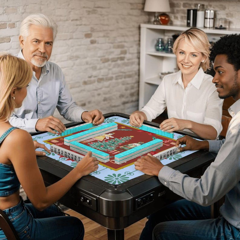 May include: A black Mahjong table with a red and floral patterned playing surface. Four people are seated around the table, playing the game. The tiles are light blue. The table has a built-in electronic display.