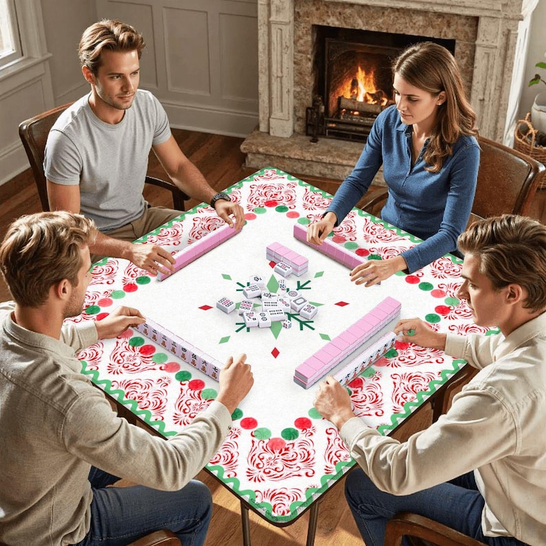 May include: A group of four people playing Mahjong around a square table. The table has a white surface with a red and green floral pattern. Pink tile racks and tiles are visible. A fireplace is in the background.