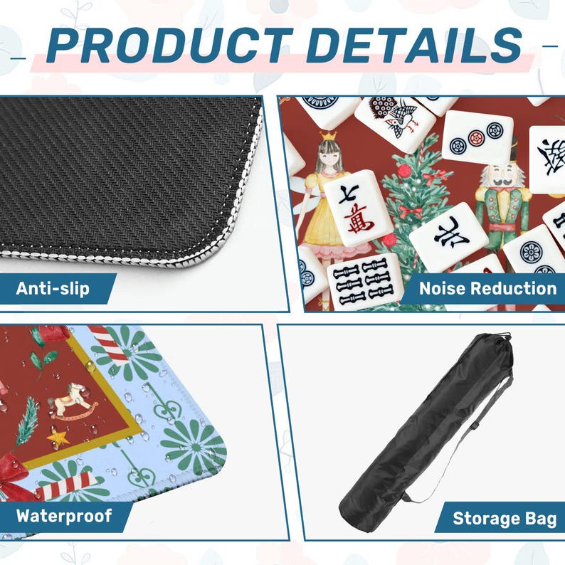 May include: Product details image showing a black anti-slip surface, a close-up of Mahjong tiles, a waterproof surface with a Christmas theme, and a black storage bag.