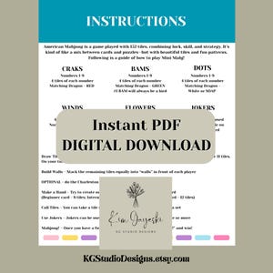 May include: A digital download instruction guide for American Mahjong, featuring text on how to play the game. The guide includes sections on Craks, Bams, Dots, Winds, Flowers, and Jokers. The design is on a neutral background with colorful accents.