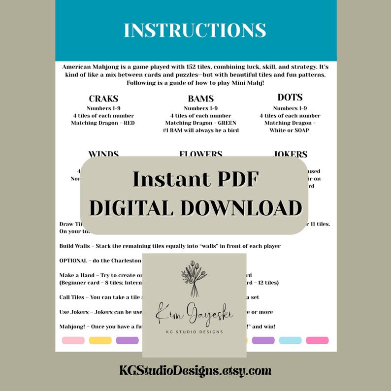 May include: A digital download instruction guide for American Mahjong, featuring text on how to play the game. The guide includes sections on Craks, Bams, Dots, Winds, Flowers, and Jokers. The design is on a neutral background with colorful accents.