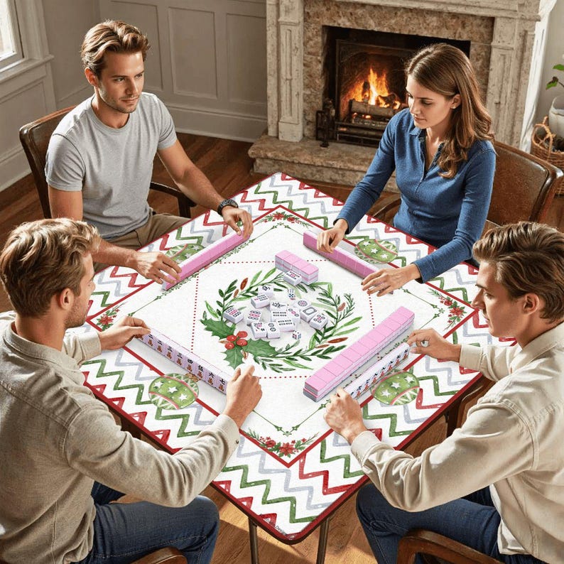 May include: Four people playing a game of Mahjong around a square table. The table has a white surface with a red border and a green and gray zigzag pattern. Pink tile racks and tiles are visible.