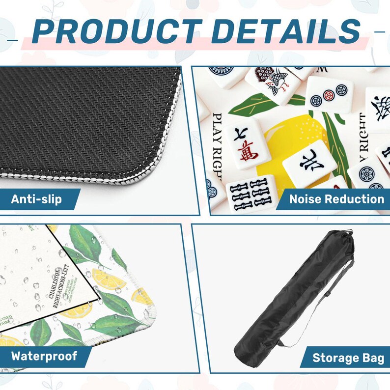 May include: Product details image showing a black anti-slip surface, a waterproof mat with a lemon and leaf design, and a black storage bag. The image also shows mahjong tiles and the text "Noise Reduction".