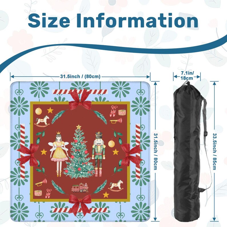 May include: A Christmas-themed mat with a festive design, measuring 31.5 inches (80 cm) square. The mat features a central red panel with a Christmas tree, nutcracker, and other holiday elements. It comes with a black carrying bag, 33.5 inches (85 cm) long.