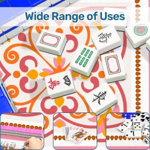 May include: White Mahjong tiles with red, green, and black symbols and designs are scattered on a colorful patterned surface. The text "Wide Range of Uses" is at the top. The image also shows dominoes and playing cards.