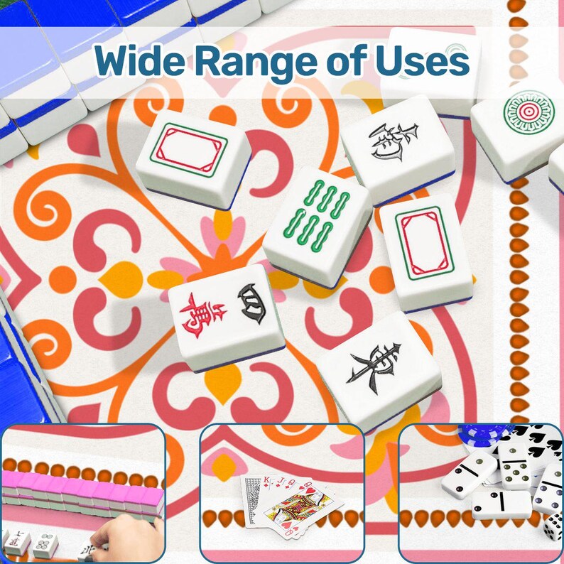 May include: White Mahjong tiles with red, green, and black symbols and designs are scattered on a colorful patterned surface. The text "Wide Range of Uses" is at the top. The image also shows dominoes and playing cards.