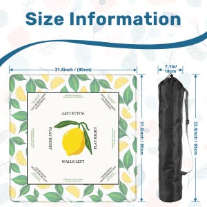 May include: A square game mat with a lemon and leaf pattern, measuring 31.5 inches (80 cm) on each side. The center features a lemon illustration with text. A black carrying bag, 33.5 inches (85 cm) long, is included. The text "Size Information" is at the top.