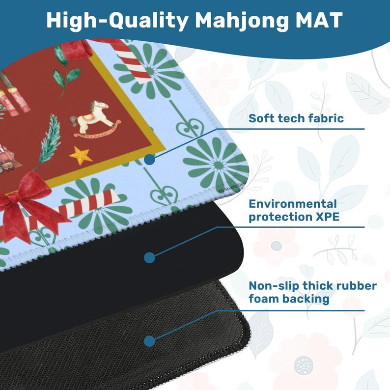 May include: A high-quality Mahjong mat with a festive design featuring a rocking horse, bow, and candy cane. The mat has a soft tech fabric, environmental protection XPE, and a non-slip thick rubber foam backing.