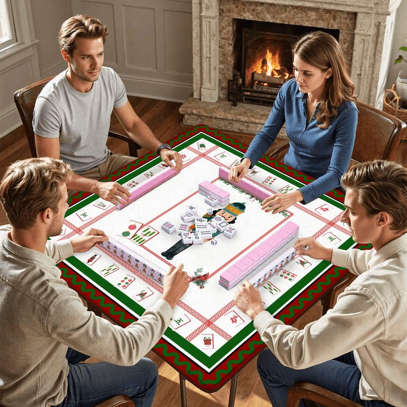 Puede incluir: Un grupo de cuatro personas jugando al Mahjong alrededor de una mesa cuadrada. La mesa tiene una superficie blanca con un borde rojo y verde. Se ven estanter&iacute;as y fichas rosas. Una chimenea est&aacute; al fondo.
