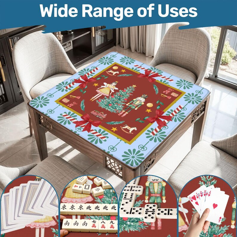 May include: A wooden table with a Christmas-themed cover featuring a red background, a Christmas tree, and a nutcracker. The table is surrounded by chairs. The image includes the text "Wide Range of Uses" and examples of card games, dominoes, and mahjong.