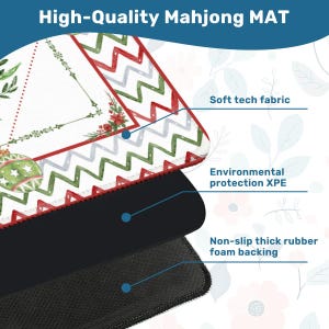 May include: A high-quality Mahjong mat with a white surface featuring red and green decorative elements. The mat has a soft tech fabric, environmental protection XPE, and a non-slip thick rubber foam backing. The text "High-Quality Mahjong MAT" is at the top.