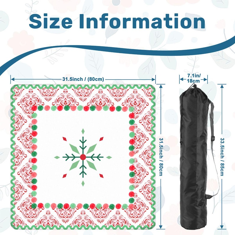 May include: A white square tablecloth with a red and green damask pattern and a snowflake design. The tablecloth measures 31.5 inches (80cm) square. A black carrying bag is also shown, measuring 33.5 inches (85cm) long. The text "Size Information" is at the top.