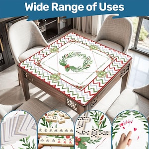 May include: A wooden table with a decorative cover featuring a wreath design and a red and green zig-zag border. The cover has a white background with a wreath of green leaves and red berries. The text "Wide Range of Uses" is at the top.